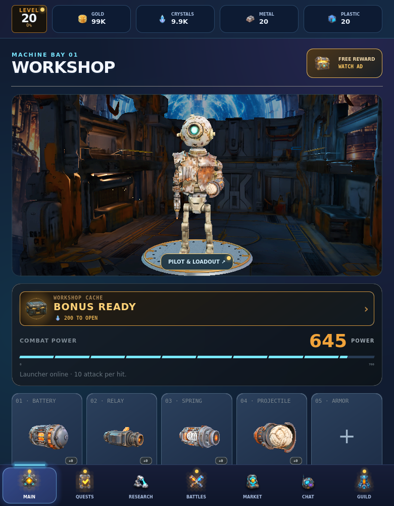A modular robot standing in the Rivet Nova workshop, with equipped weapon components below