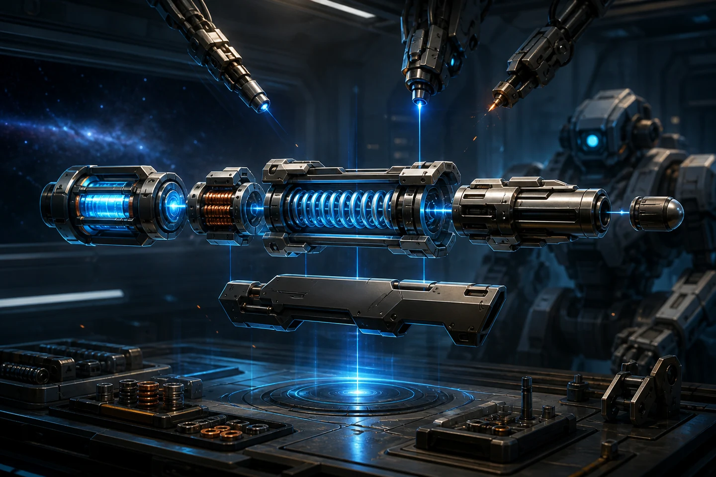 A modular energy cannon being assembled inside an orbital workshop